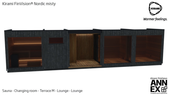Kirami FinVision® -sauna Nordic misty, changing room, terrace M, lounge, lounge 