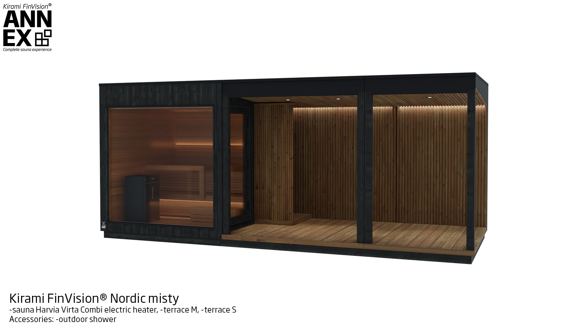 Kirami FinVision® -sauna (with Harvia electric heater), -terrace M, -terrace M Nordic misty | Kirami FinVision® Annex