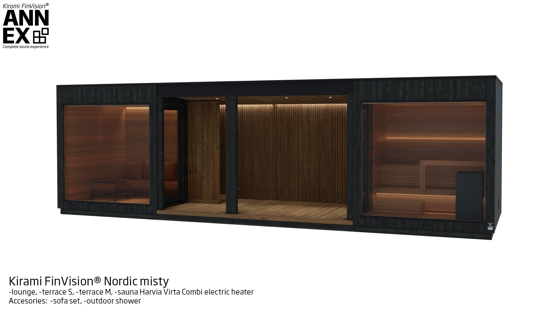 Kirami FinVision® -lounge, -terrace S, -terrace M, -sauna (with Harvia electric heater) Nordic misty | Kirami FinVision® Annex