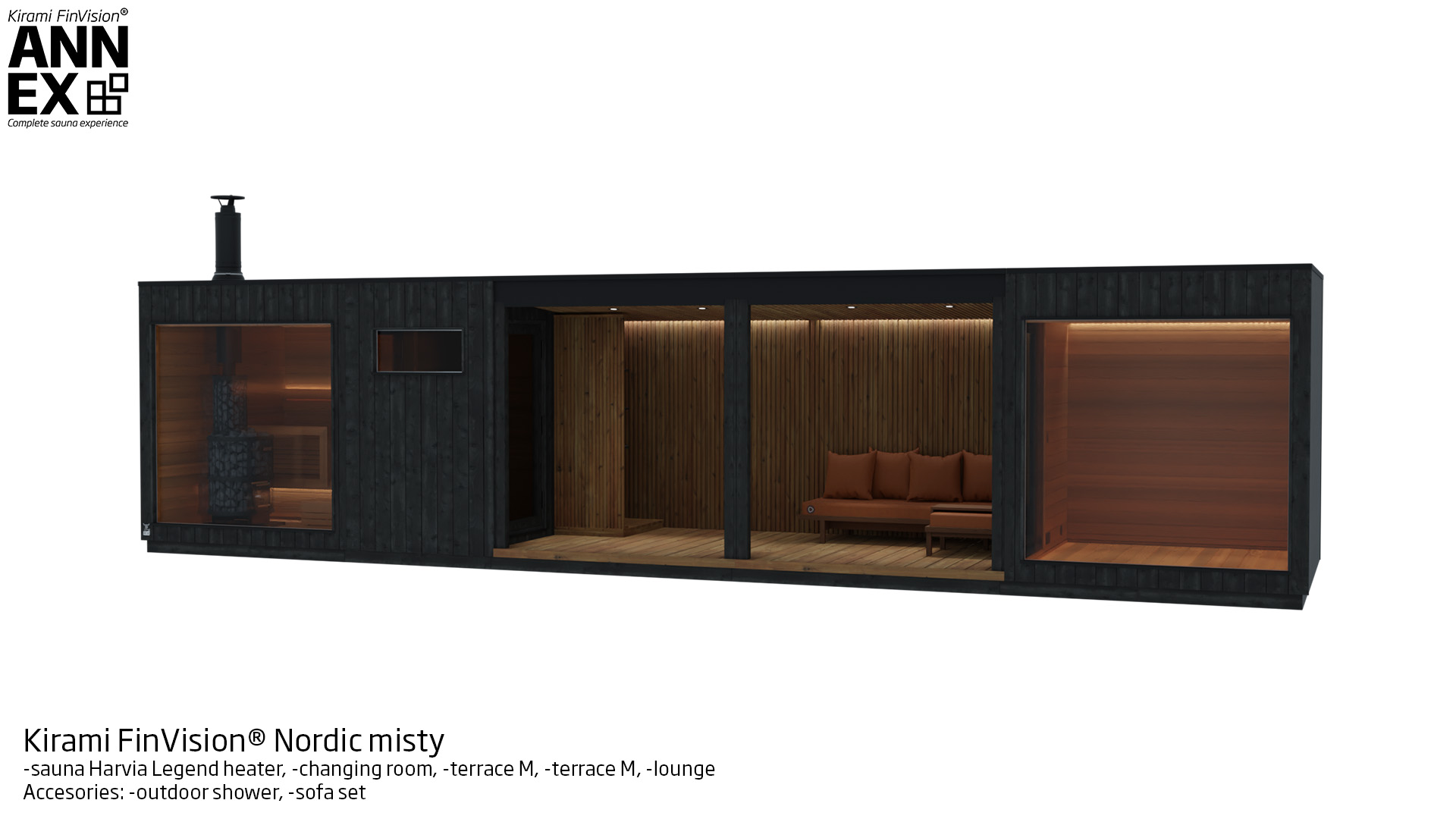 Kirami FinVision® -sauna (with Harvia Legend heater), -changing room, -terrace M, -terrace M, -lounge Nordic misty | Kirami FinVision® Annex